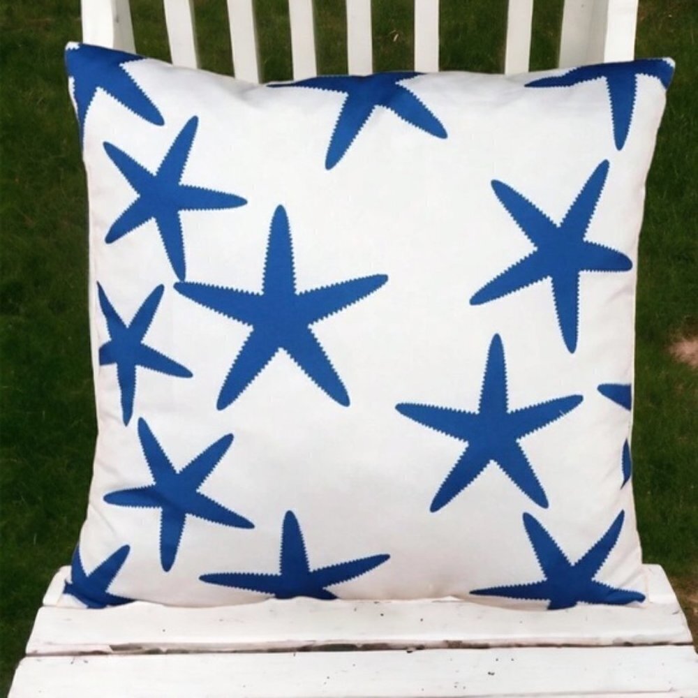 Coastal Starfish Pillow Cover Beach Nautical Square Blue White 17. 7 X 17.7 in